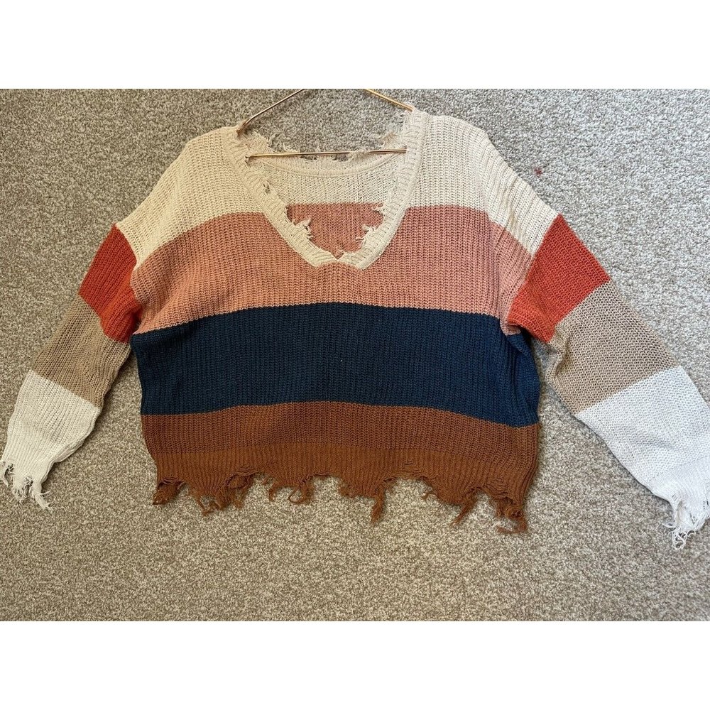 Women’s Colorblock Striped Distressed Look Knit Cropped Sweater Size Medium